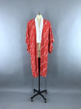 1940s Vintage Silk Kimono Robe in Red Floral Print Shibori