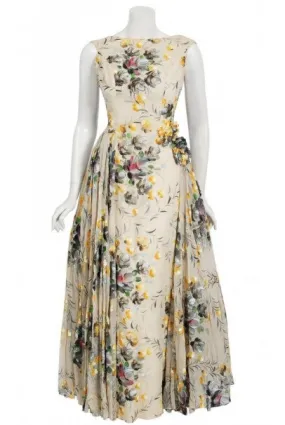 1950's Hand-Painted Floral Ivory Silk Appliqué Skirted Hourglass Backless Gown