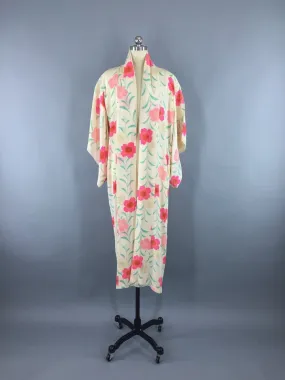 1950s Vintage Silk Kimono Robe / Ivory & Pink Floral Print