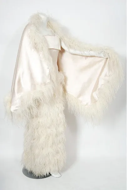 1960's Arnold Scaasi Couture Ivory Satin Feather Strapless Gown w/ Shawl