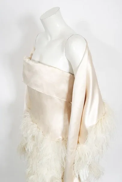 1960's Arnold Scaasi Couture Ivory Satin Feather Strapless Gown w/ Shawl