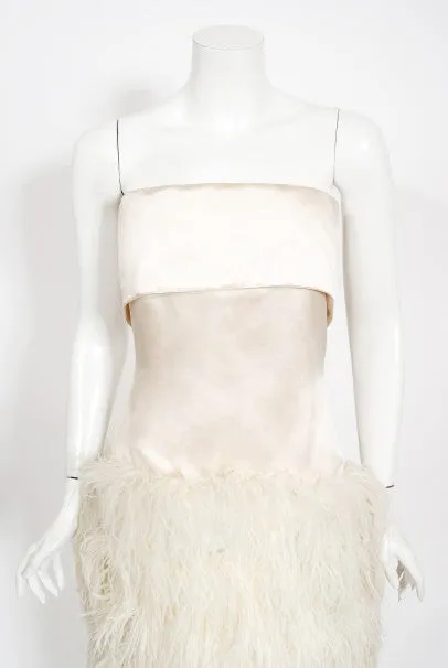 1960's Arnold Scaasi Couture Ivory Satin Feather Strapless Gown w/ Shawl