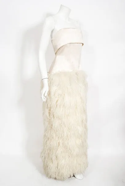 1960's Arnold Scaasi Couture Ivory Satin Feather Strapless Gown w/ Shawl