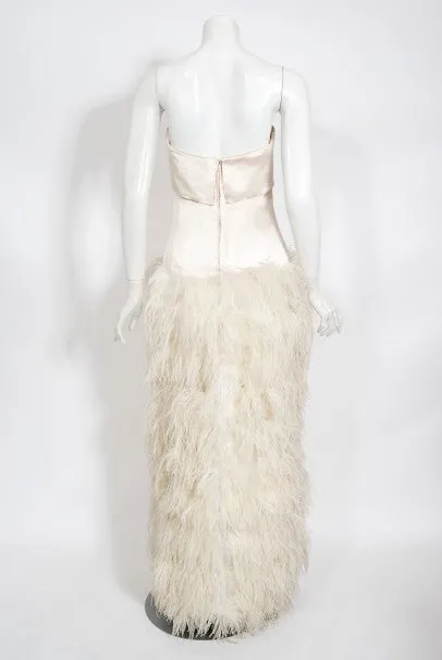 1960's Arnold Scaasi Couture Ivory Satin Feather Strapless Gown w/ Shawl