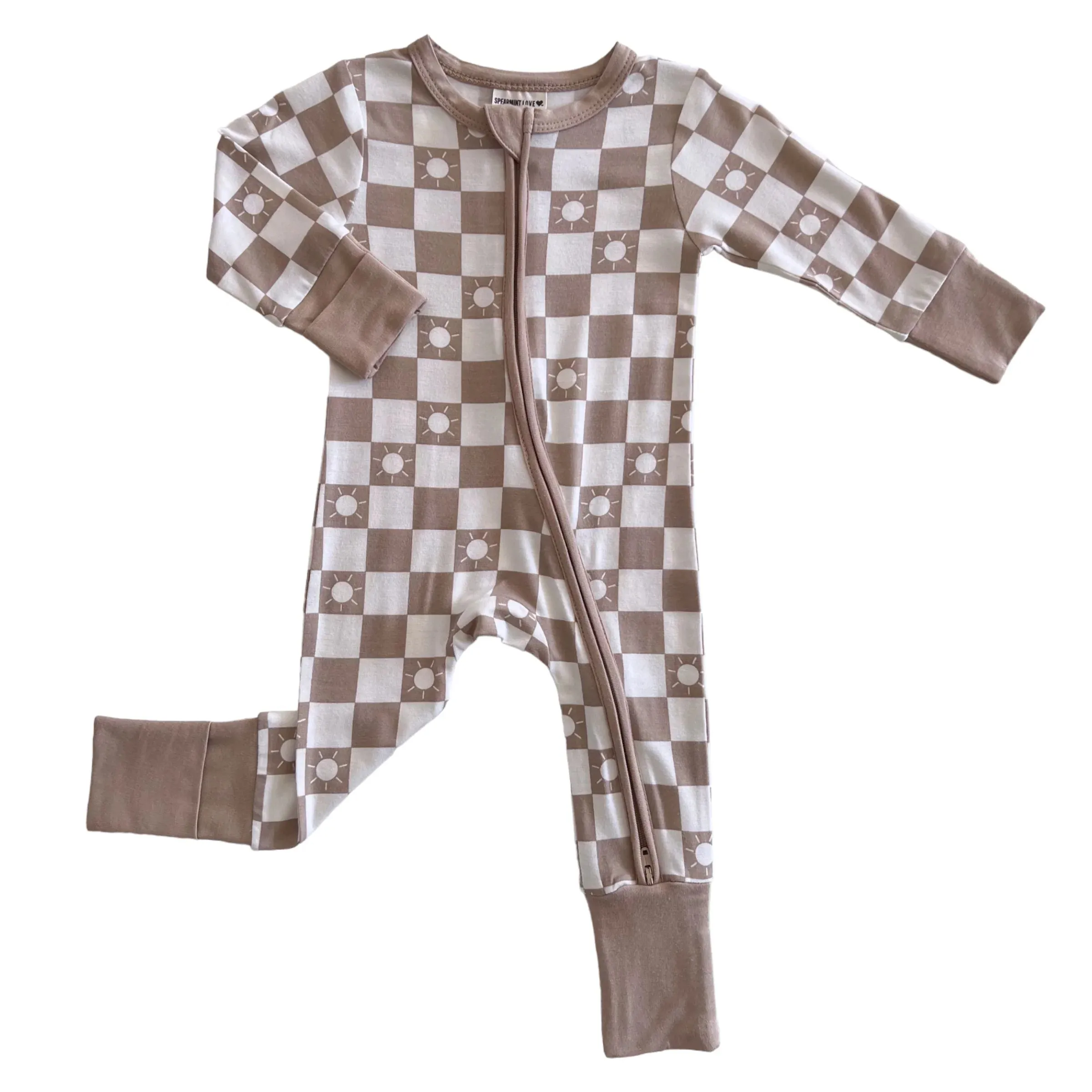 2-Way Convertible Zip Romper, Tan Sun Checkerboard