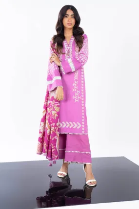 3 Pc Printed Cross Slub Viscose Suit With Herringbone Shawl