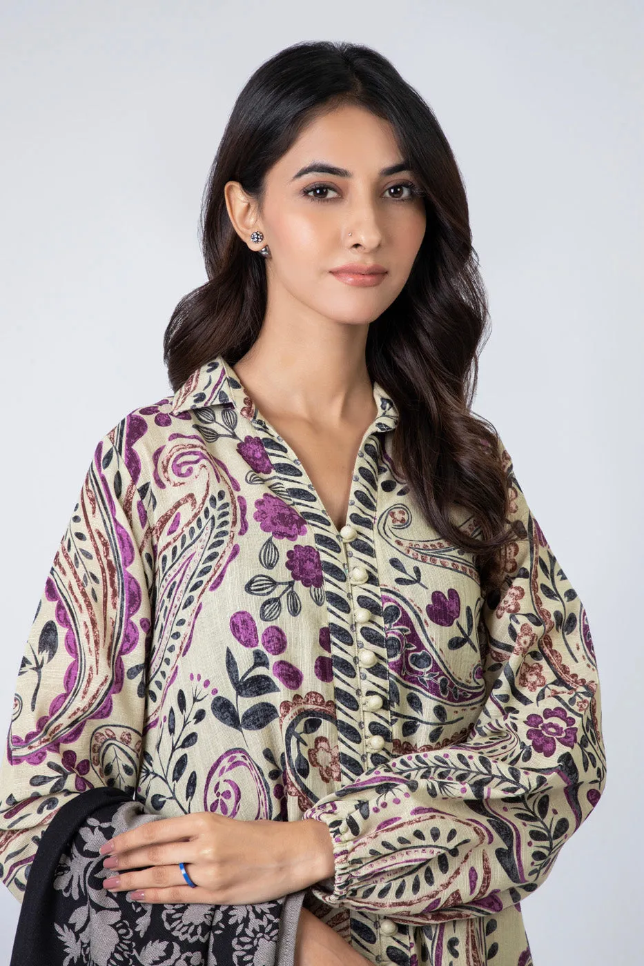 3 Piece Printed Khaddar Suit With Woven Jacquard Shawl