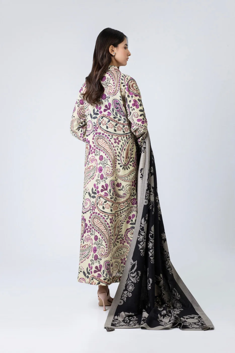 3 Piece Printed Khaddar Suit With Woven Jacquard Shawl