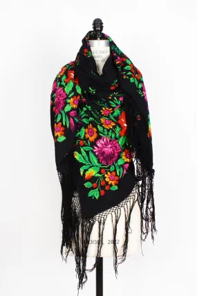 70s Black Floral Piano Shawl • XL