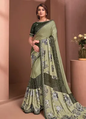 Adorable Green Color Silk Fabric Zari Work Printed Designer Saree With Same Color Blouse