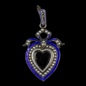 Antique Edwardian Blue Enamel Pearl Heart Locket Circa 1905