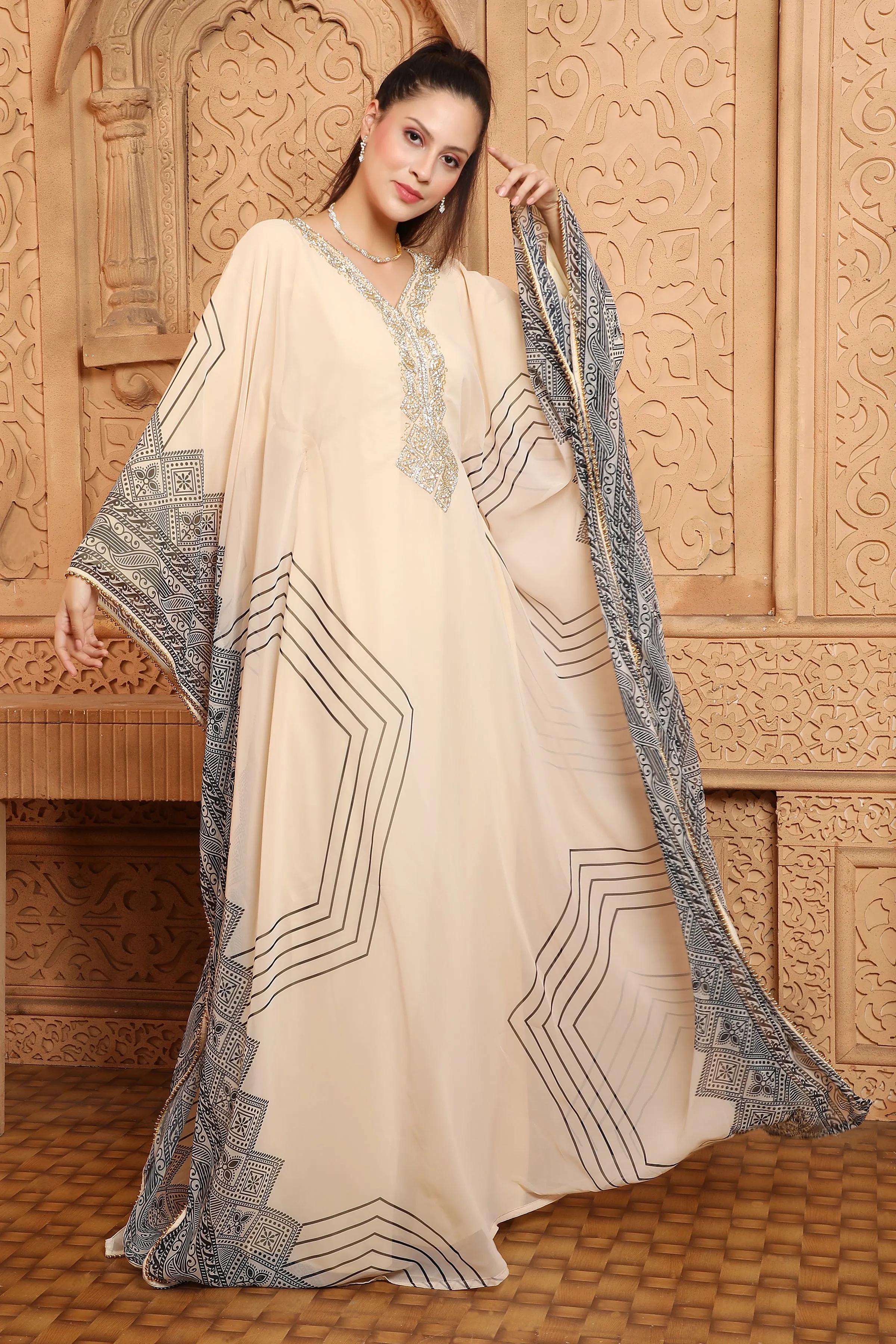 Beige Dubai Kaftan Farasha Long Maxi Gown Kimono style