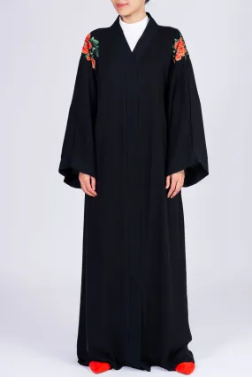 Black Abaya with Embroidered Red Flowers