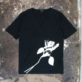 Black T Shirt With Shawl Neck & Rose Print