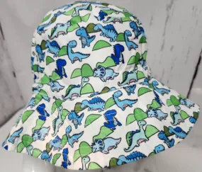 Bucket/Sun Hat With Chin Strap Wide Brim Children's 2-8yr White/Green/Blue Dinosaur scbhwgbd