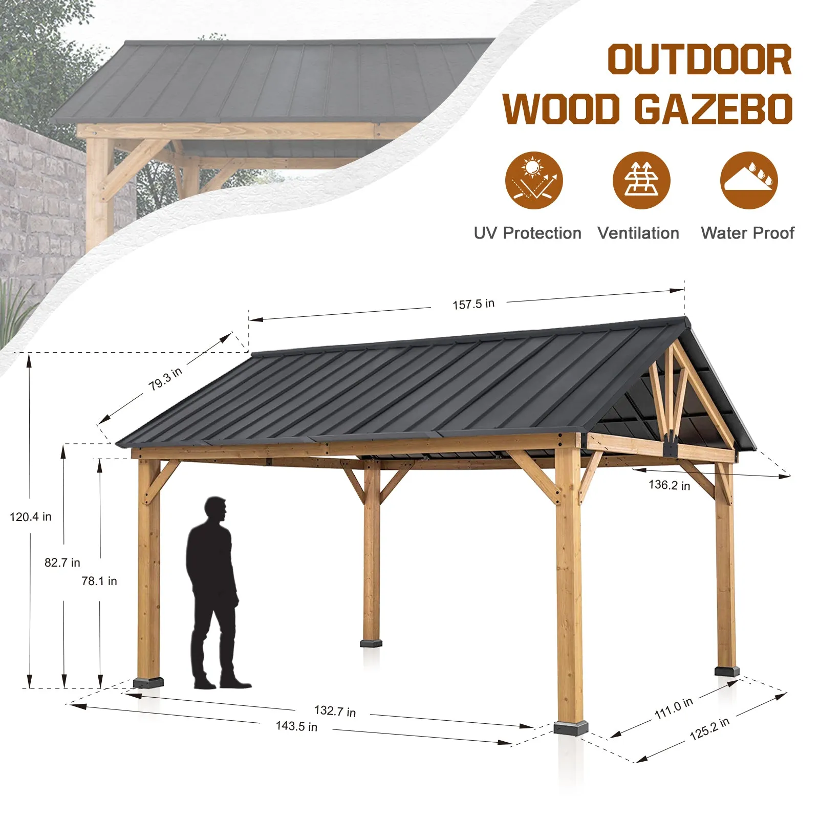 COOS BAY 11x13 Outdoor Patio Wooden Gazebo, Cedar Wood Frame Steel Hardtop Gazebo Canopy for Garden, Deck, Backyard and Party