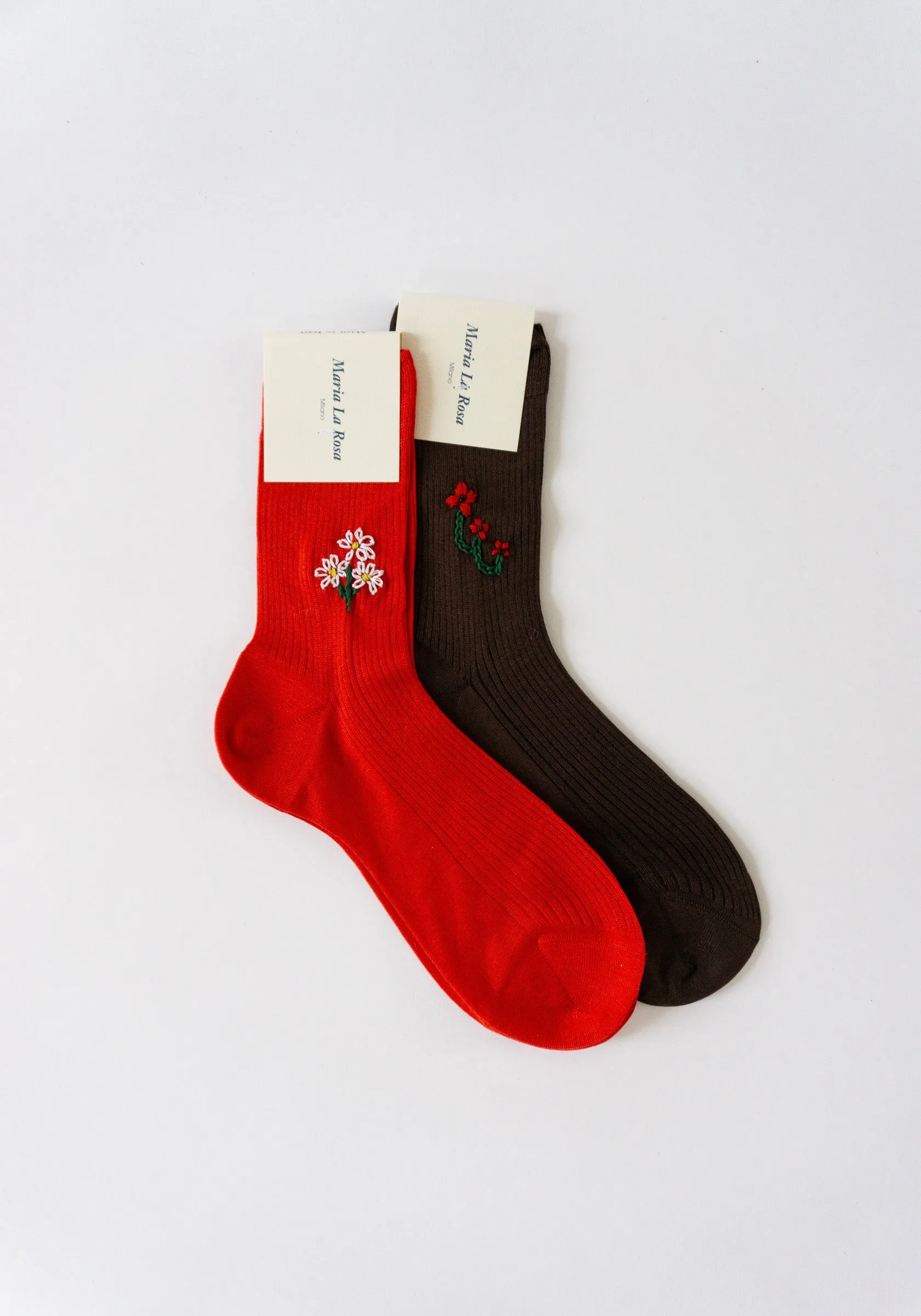 Floral Embroidered Sock with Brown Poppy