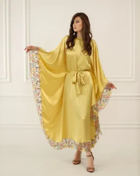 Gold Silk Kaftan with Floral Lace