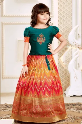 Green, Pink and Yellow Banaras, Zardozi, Mirror and Thread work Lehenga Choli for Girls