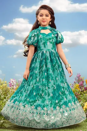 Green Sequins and Zari work with Floral Print Cape Pattern Long Party Gown for Girls