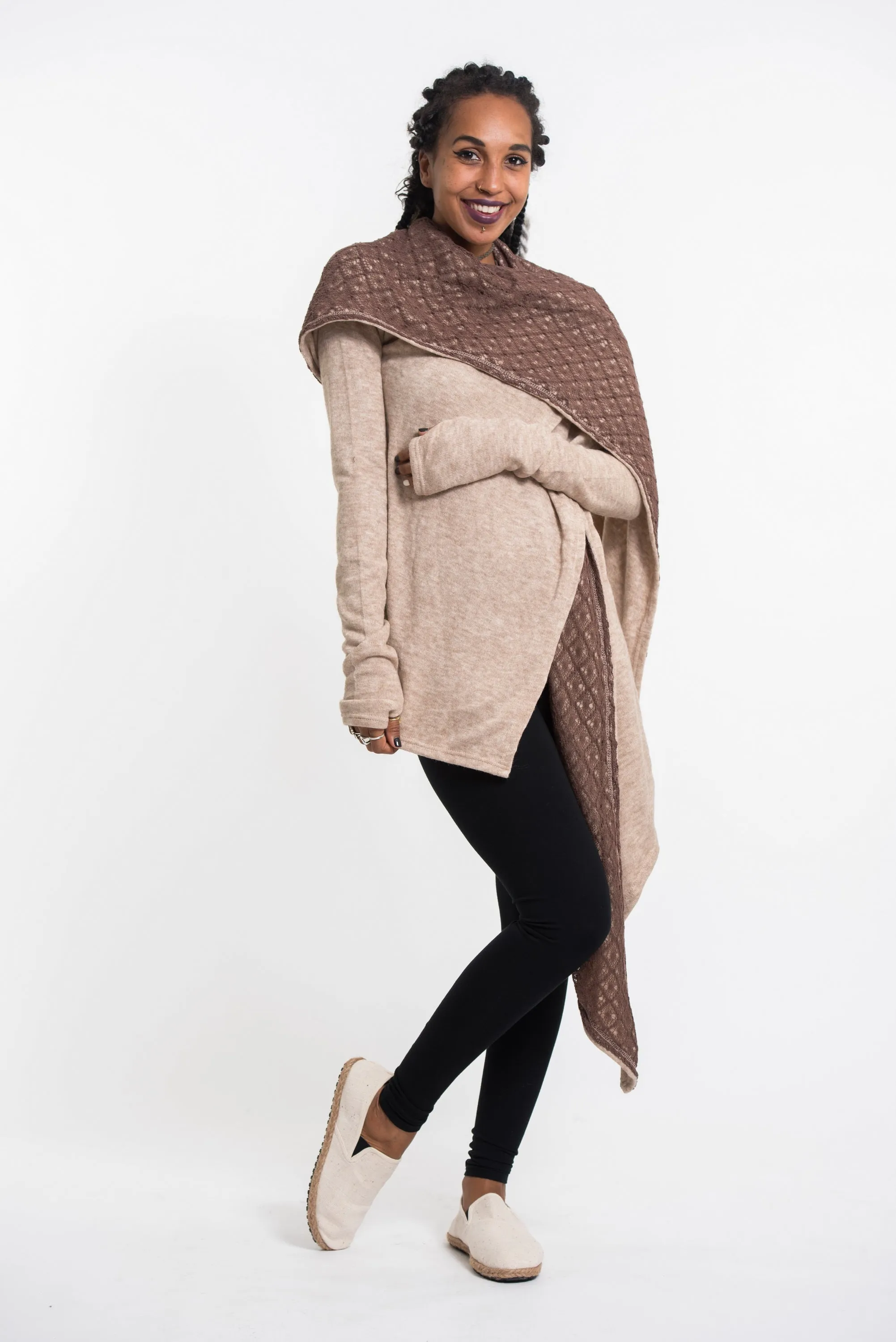 Hoodie Shawl Cardigan in Brown