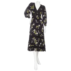 Magdalene Black Silk Floral-Print Long Sleeve Midi Dress