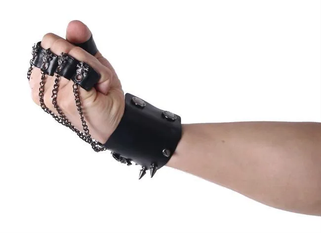 Men's Black Skull Metal Chain Gloves With Removable Finger Rings