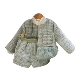 Olive  Fur Trim 2 pcs top & shorts Tweed Winterwear set for Girls