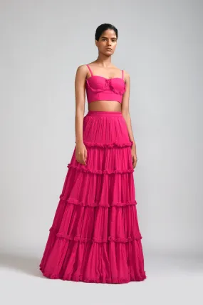 Pink Fringed Tiered Lehenga Set (2 PCS)