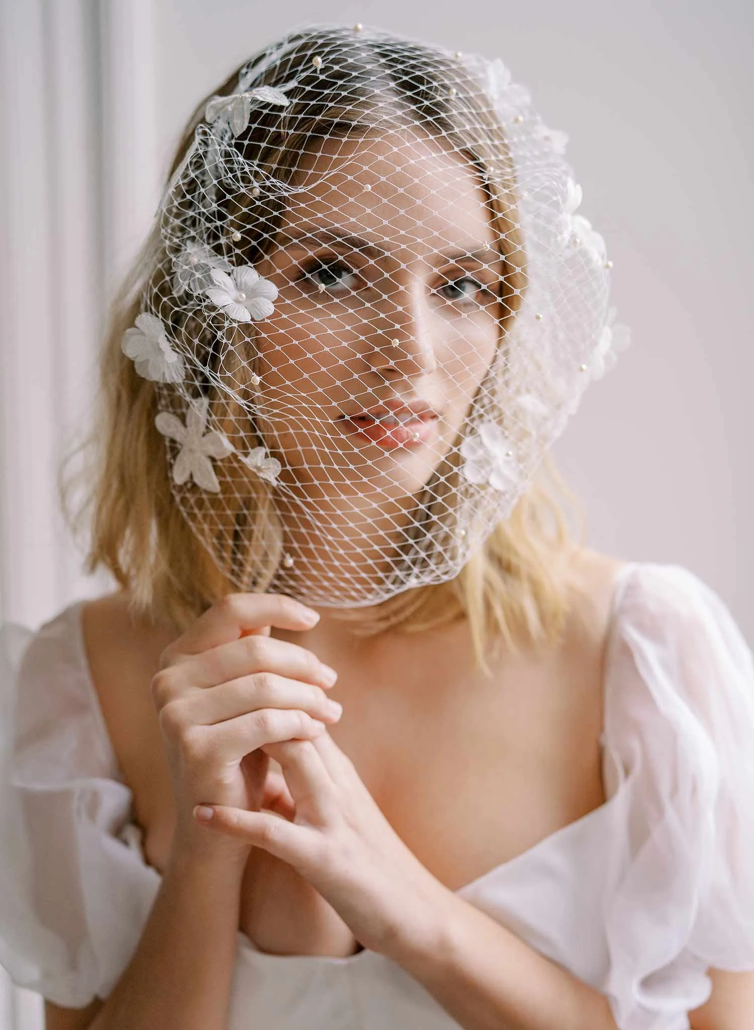 Silk and lace blooms bridal birdcage veil - Style #2451