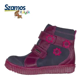 Szamos kid girl boots purple with burgundy velcro straps and fuxia flowers big kid size