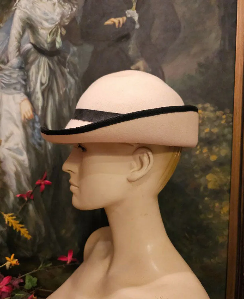 Vintage Bemar New York Ivory Felt and Black Grosgrain Ribbon Bowler Hat with Bow