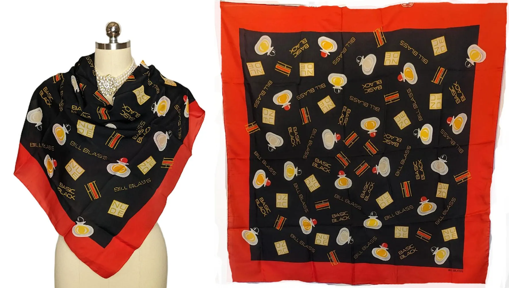 VINTAGE BILL BLASS PERFUME BOTTLES BLACK , GOLD & SCARLET SILK SCARF