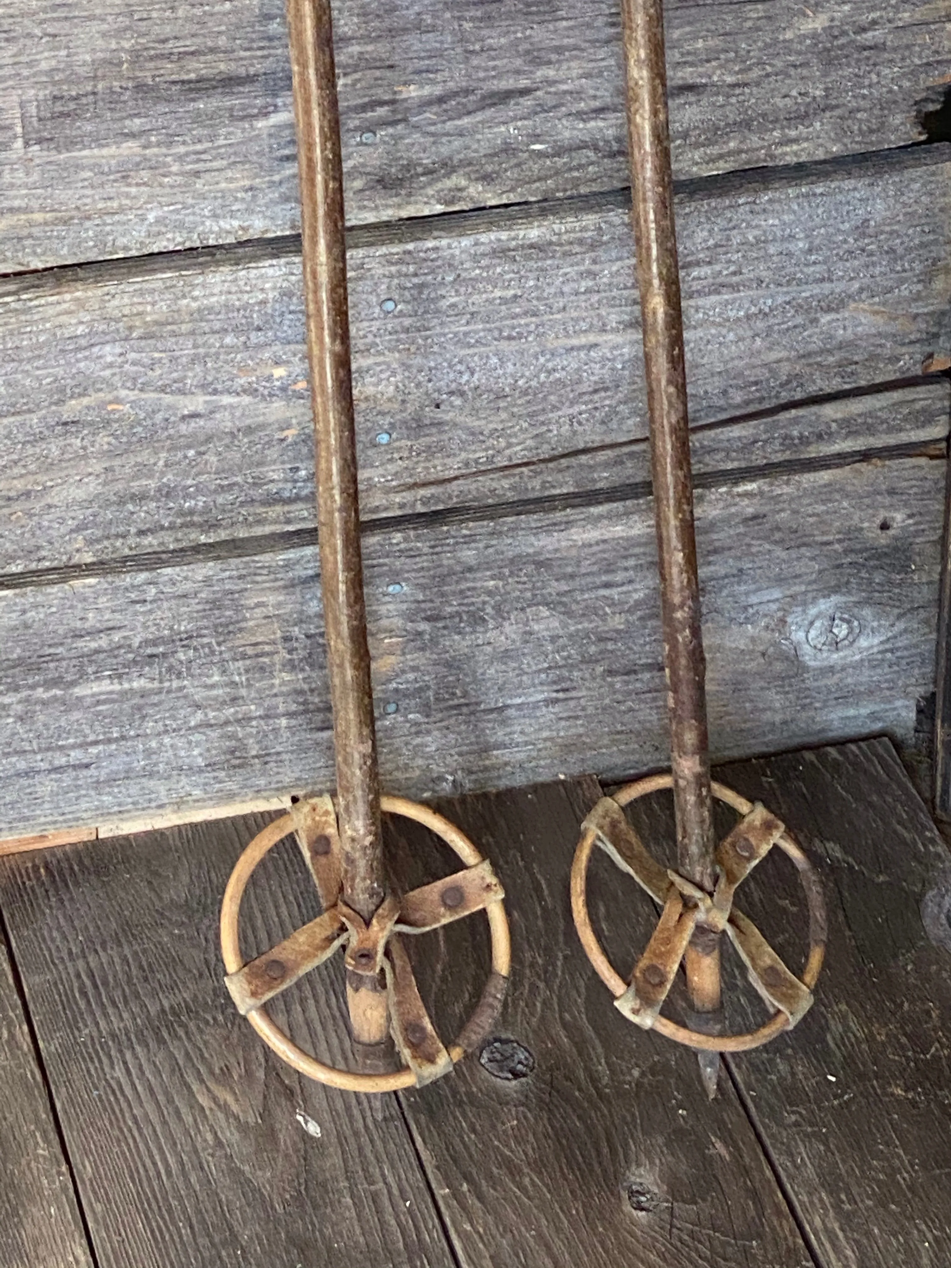 Vintage Hickory Ski Poles All Original Leather